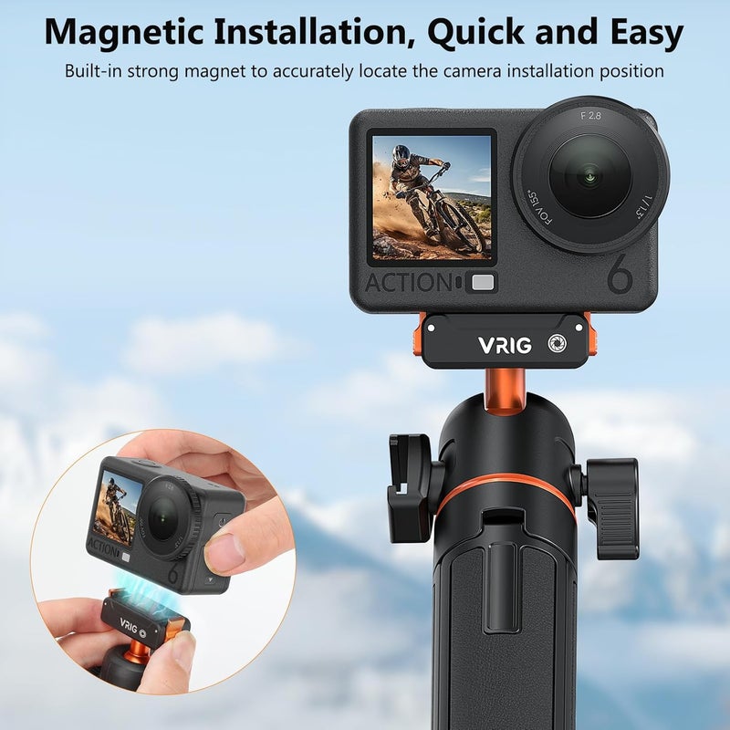 VRIG Action Camera Selfie Stick Tripod for DJI Osmo Nano/Action 6, Dual-Direction Magnetic Quick Release Adapter 360° Ball Head & Cold Shoe Mount, 8 to 21 inches Extendable Rod, AC-40N - Image 4